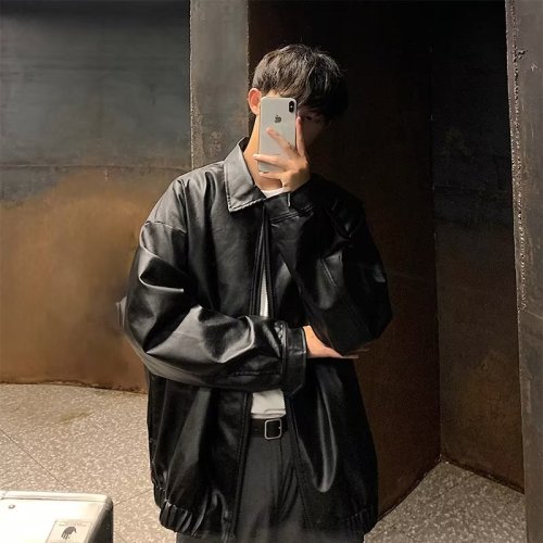 Spring and Autumn Korean motorcycle leather jacket men loose trendy handsome black retro American fashion leather jacket men