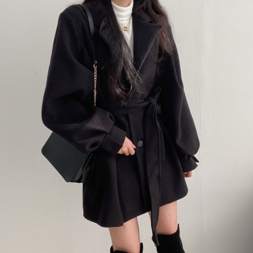 Official photo #Autumn and winter lace-up straps and temperament small suit collar Hepburn style mid-length wool coat coat ins