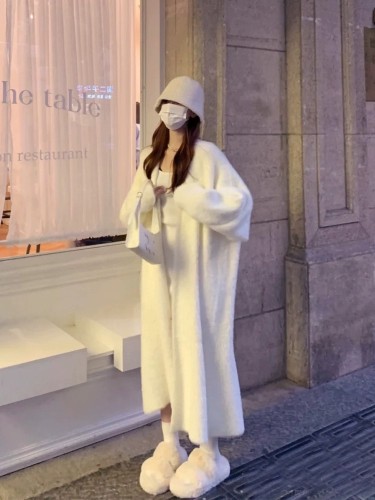 White mink cardigan sweater mid-length loose lazy style knitted jacket for women's autumn and winter bathrobe outer coat