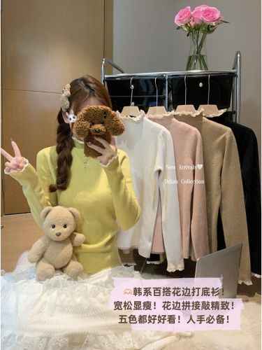 Lace spliced long-sleeved sweater for women's new winter gentle style half-high neck slim fit slim base top