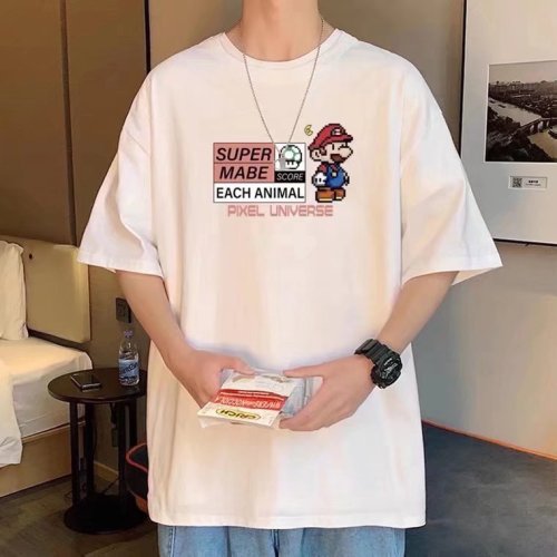Men's fashion trendy T-shirt round neck loose cartoon animation five-point sleeve urban style youthful summer trend