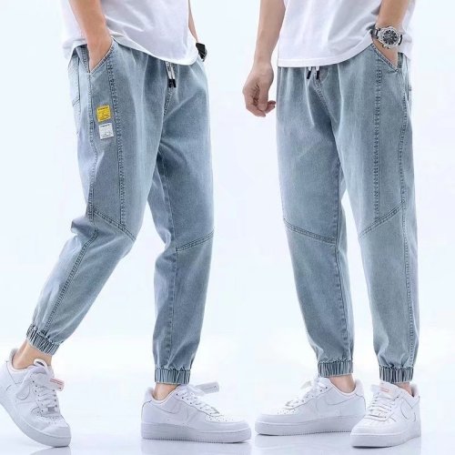 Light-colored jeans men's nine-point Korean style trendy loose trendy brand elastic waist work pants men's Harun tying pants