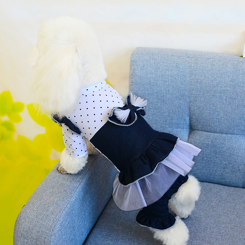 Pet spring and summer thin denim bow princess mesh puffy skirt Teddy skirt