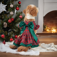 Pet Christmas classic plaid skirt puppy holiday costume cute lotus sleeve dog dress