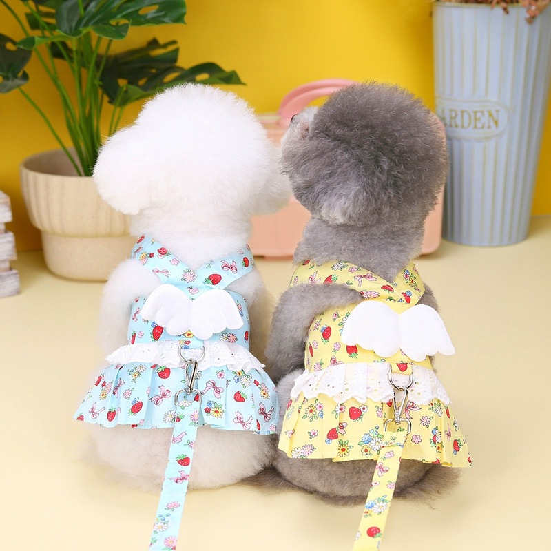 Pet princess skirt pull button clothes spring new style angel wings chest back skirt