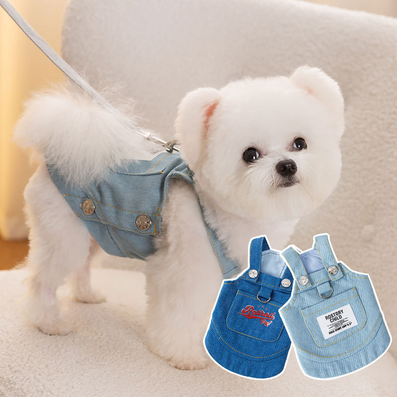 Dog pocket denim strap skirt small and medium-sized dog two-legged cat dress pet princess windbreaker