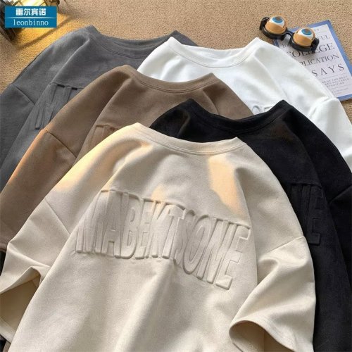 American retro steel stamped letters suede short-sleeved T-shirt men's loose casual five-point round neck half-sleeved T-shirt thin