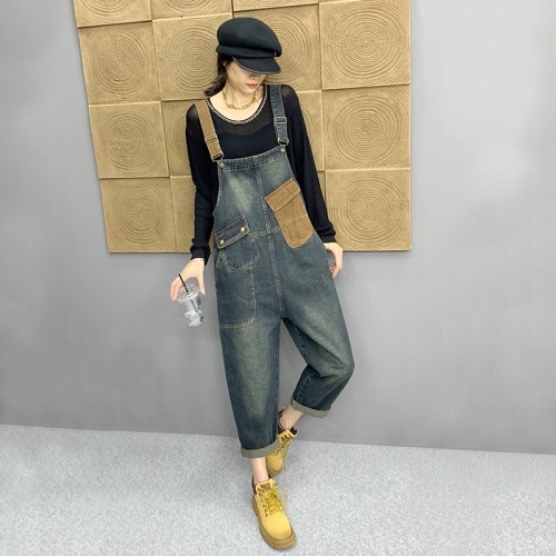 Internet celebrity street-fried Korean denim overalls for women's autumn new age-reducing loose nine-point contrasting jumpsuit