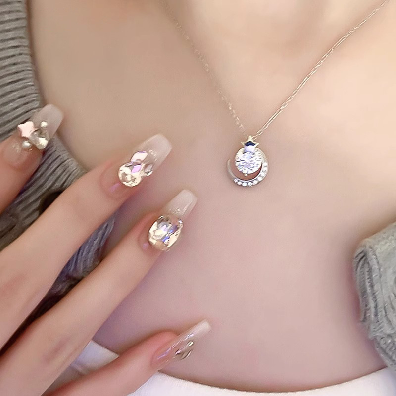 Star Moon Necklace Women Ins Simple Niche Design Clavicle Chain Light Luxury Temperament Full Diamond Moon Star Pendant Gift