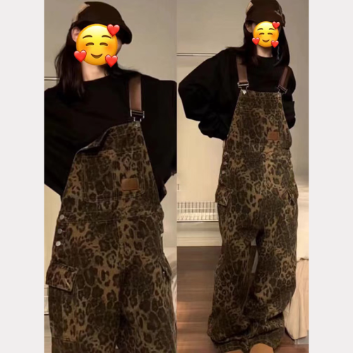 American retro loose straight leopard overalls for men and women new street washing wide-leg multi-pocket pants trendy