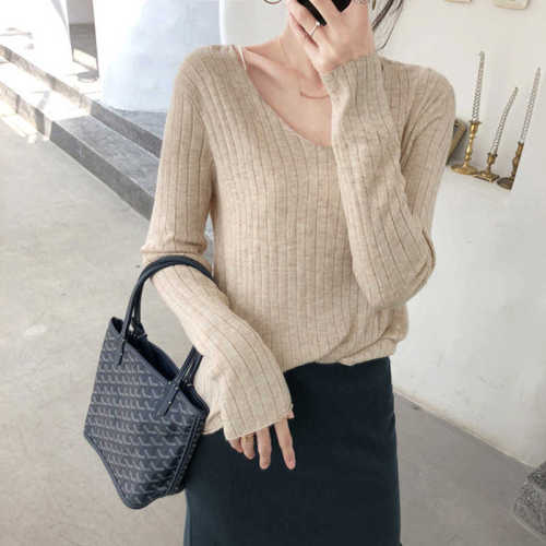 New slim knitted sweater Korean chic casual v-neck bottoming outfit top for women