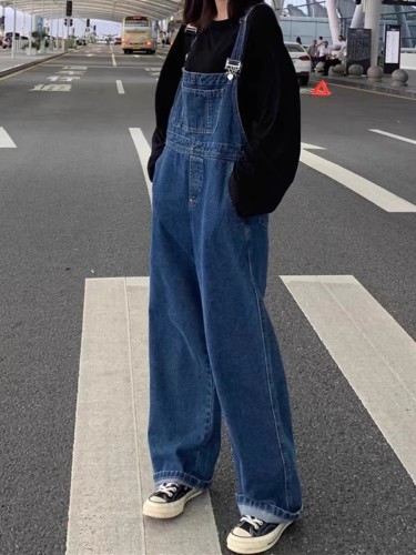 Denim overalls for men's new style Hong Kong style retro loose work jumpsuits for couples versatile wide-leg trousers