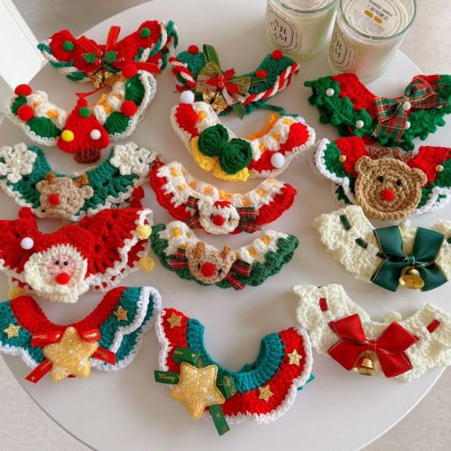 Christmas pet collar cat dog Santa bell elk bib bang yarn knit scarf