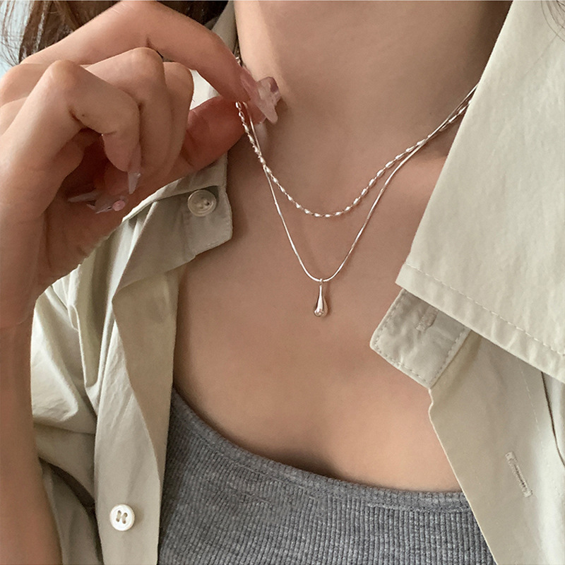 Simple and versatile double-layer water drop necklace for women's cold style personality temperament high-end sense of rice grain collarbone chain ins necklace