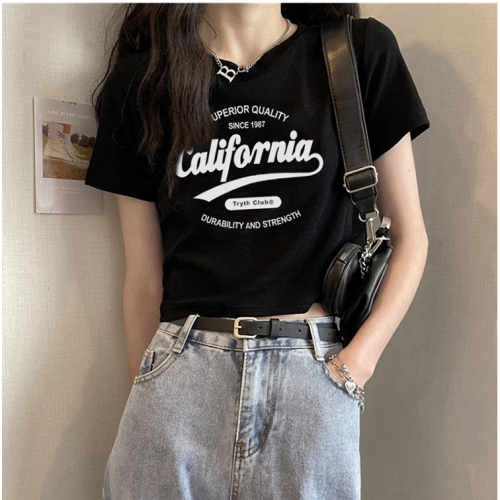 Letter printed short design T-shirt for women's summer top with navel and high waist, slimming breasts and sweet hot girl