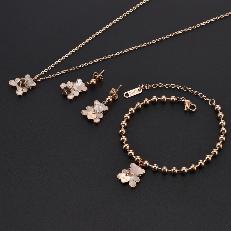Stainless steel necklace bracelet earrings white shell cute bear peach heart titanium steel jewelry set