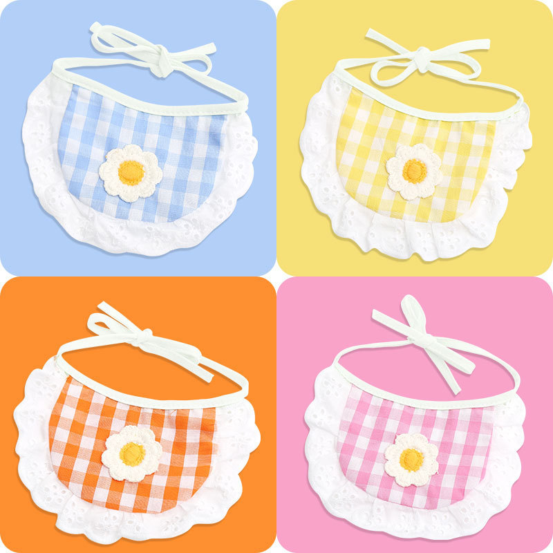 Spring and summer pet saliva towel cute lace cat scarf collar plaid small flower dog bib single size adjustable