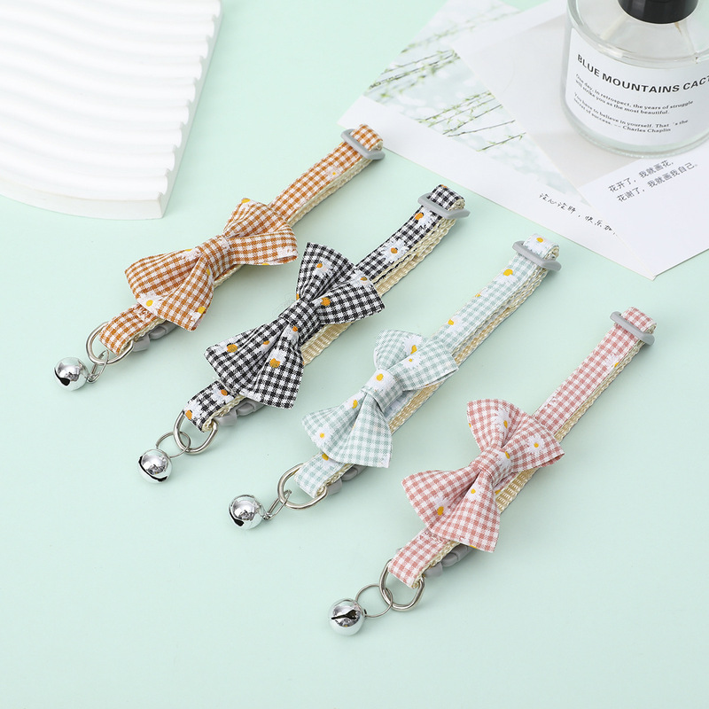 Pet collar cat dog plaid daisy flower bow adjustable bell necklace bow tie