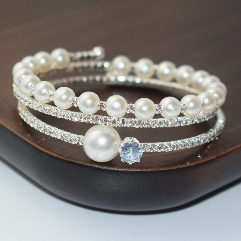 Pearl diamond zircon open wrap bracelet gold and silver diamond bracelet women