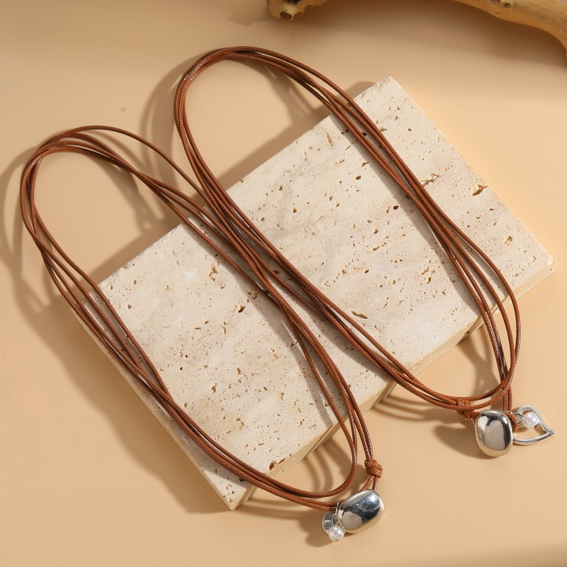 Alloy wax rope ABS pearl geometric multi-layer pendant literary retro fashion personalized jewelry necklace