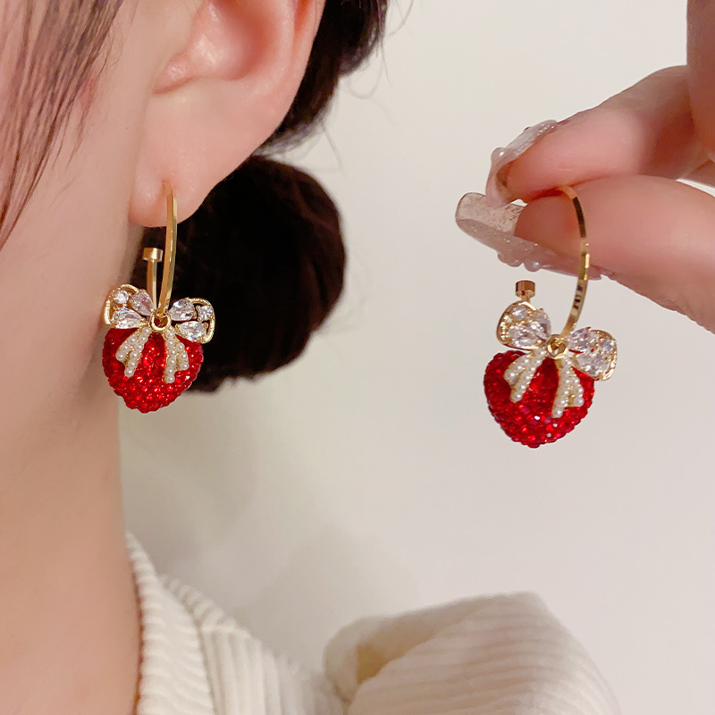 Light luxury festive red diamond love bow earrings high-end temperament fashionable earrings