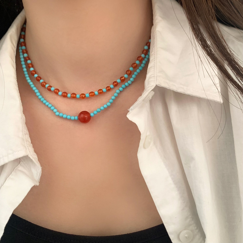 Fashionable sweet style necklace versatile high-end blue pine stone necklace niche design girl heart sweater chain clavicle chain