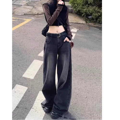 Black and gray wide-leg jeans for women new straight and loose flooring American high-waisted slimming flooring small trousers