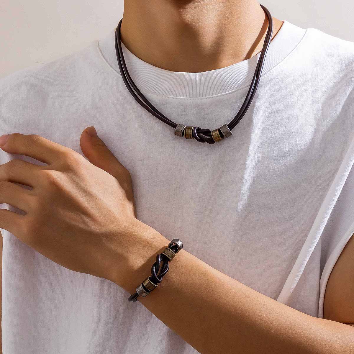 Simple leather knotted ring necklace for men's hip-hop niche high-end sense beaded collarbone chain