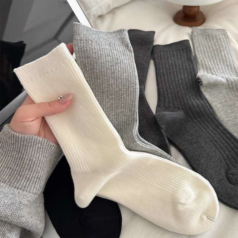 Four seasons basic solid color versatile socks for women's cotton mid-tube socks autumn pile socks miu style gray socks casual