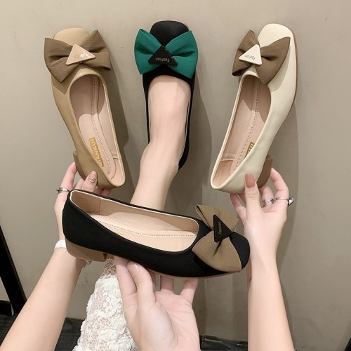 Fashionable thick heel soft leather single shoes for women 2024 spring breathable bow with shallow mouth square toe medium heel beanie shoes low heel