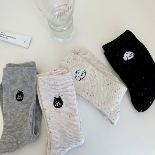 Embroidered socks cute ideas gauze cat dog stockings mid-tube women's socks ins trendy niche versatile pile socks