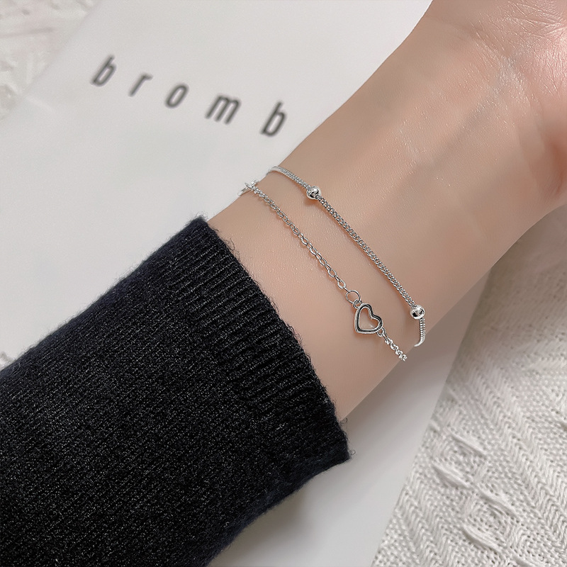 INS sweet double-layer hollow heart bracelet for women fashion temperament bean beads heart-shaped bracelet