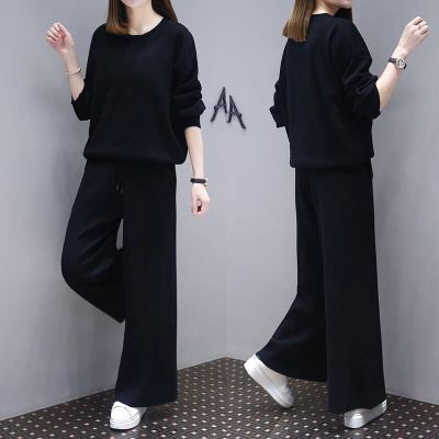 Adding fat and plus size suit for women Spring and Autumn New Solid Color Slimming Loose and Reducing Age Long Sleeve Women's Wide Legs Two-piece Set