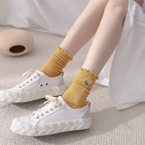 Japanese solid color black ears with small chrysanthemum embroidered mid-tube socks for women double needles piled socks