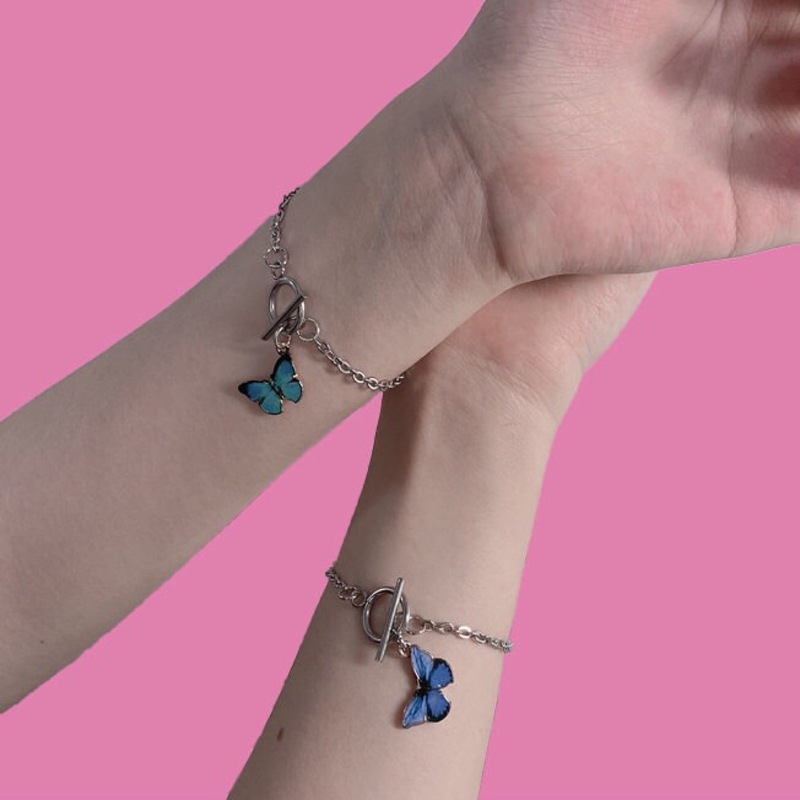 Korean ins butterfly bracelet dreamy blue butterfly ot button bracelet best friend necklace