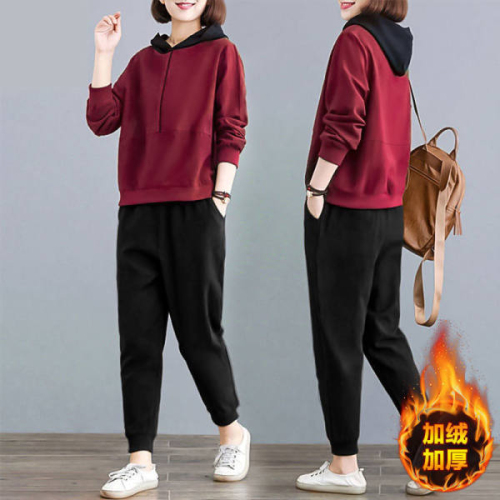 Fleece Thickened Casual Sportswear Set for Women in Autumn and Winter Loose Hooded Loose Large Size Sweatshirt Two-piece Set