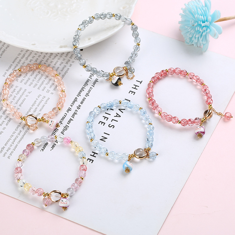 Sweet girl with colorful bursting flower crystal smiley face lucky cat bracelet women Japanese and Korean simple bursting beads single circle