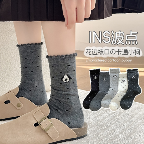 Mid-tube socks for women with anti-odor and sweat-absorbing cotton socks trendy polka dot embroidery cartoon pile socks for women