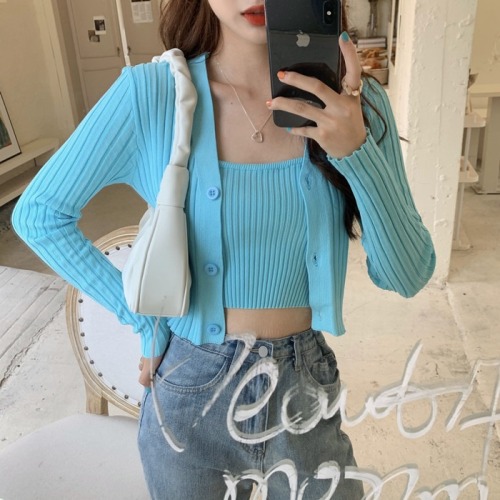 New women's spring small and fashionable inner strap + knitted cardigan jacket two-piece set