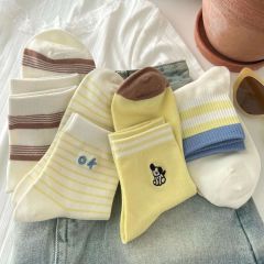 Cute embroidered dog socks for women's mid-tube socks solid color ins trendy Korean Japanese stripes cartoon thin summer short socks