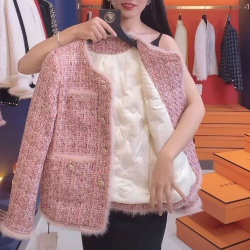 Pink small fragrance style cotton jacket for women in winter new high-end tweed socialite style top for women