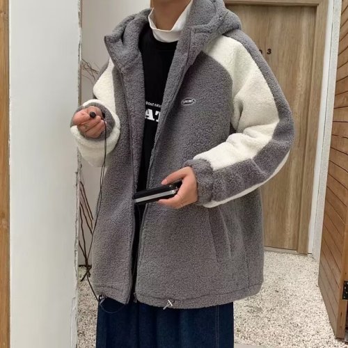 Summer lamb velvet hooded jacket for men Hong Kong style ins retro color-blocking loose versatile teen casual jacket