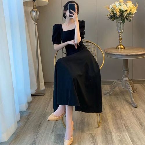 Black dress for women in summer new French retro square collar waist slim and long Hepburn style skirt