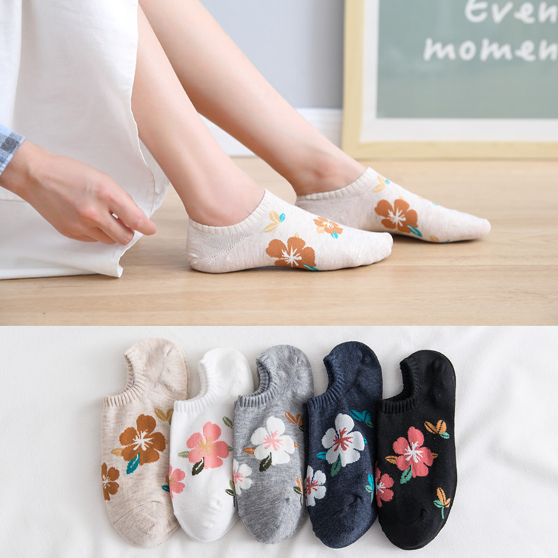 Spring and summer socks for women ins trendy boat socks thin small flower shallow mouth socks sweat-absorbent and breathable women's invisible socks