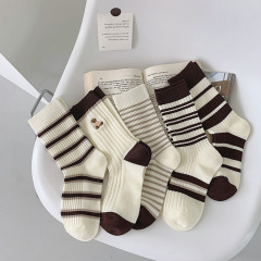 Spring and Autumn Middle Tube Socks for Women Stacked Socks Black and White Stripes Embroidered Tube Socks for Women