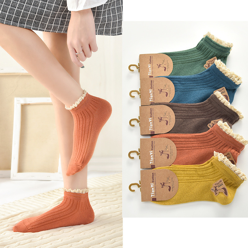 Summer and autumn lace women's socks short lace lace boat socks solid color Japanese retro cotton socks
