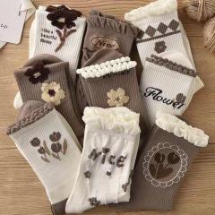 Socks for women, versatile, high-quality lace, middle-tone feather yarn, flower, student color