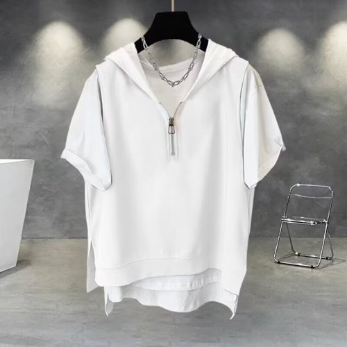 Fake two-piece zipper short-sleeved T-shirt men's summer Korean style trendy and versatile handsome hooded half-sleeved top trendy brand loose