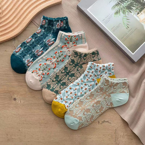 Retro socks for women's short socks literary palace sailboat socks floral new trendy socks for summer women's socks cotton breathable and sweet