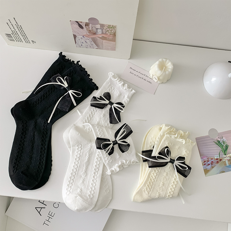Japanese lolita cute double-layer bow mid-tube socks gentle white jk uniform pile socks fungus lace socks